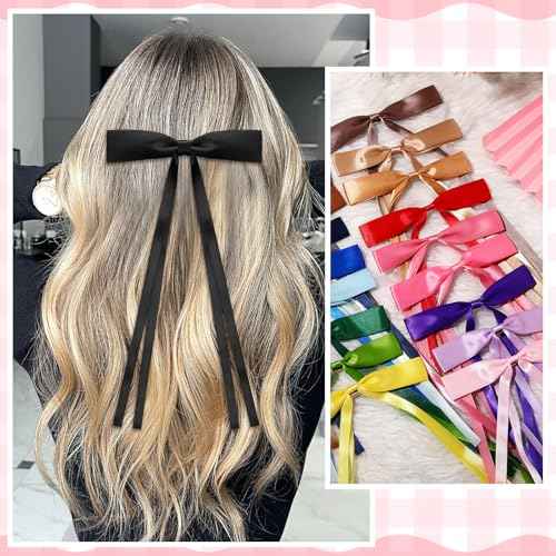Mimorou 60 Pcs Hair Bow for Girls Women Bulk Silky Satin Ribbon Hair Bows Tassel Bowknot Clips Barrettes with Long Tail, 30 Colors