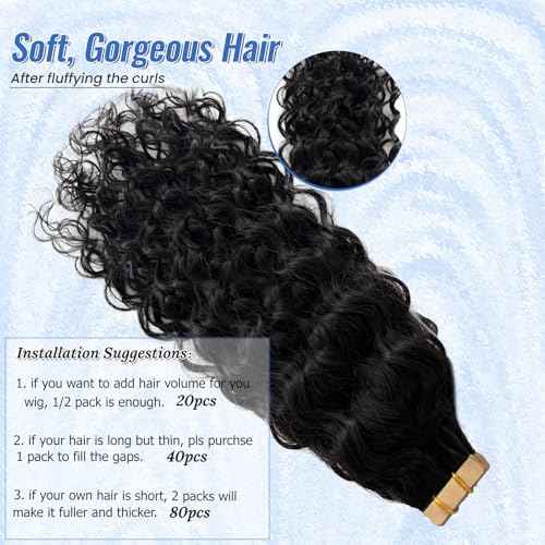 24 Inch Invisible Tape in Hair Extension Real Human Hair Curly Tape in Extensions 100G 40PCS Double Sided Bouncy Curly Water Wave Tape ins Human Hair Extension Black #1B Natural Color