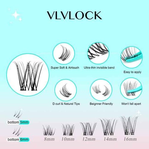 VLVLOCK Lash Clusters Kit Clear Band Natural Cluster Lashes with Bottom Lash Clusters 5-16MM Individual Lashes Wispy False Lashes with Lash Bond and Seal,Lash Tweezer DIY at Home(Ivy Kit)