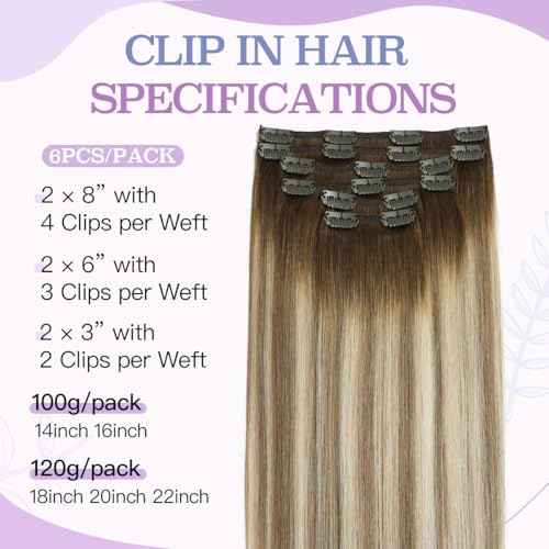 Sindra Hair Extensions Real Human Hair Clip ins 14Inch Balayage Dark Brown Ombre Light Brown Blonde Clip in Hair Extensions Real Human Hair Remy Straight For Woman 100G 6Pcs(clip#3/8/22-14inch)