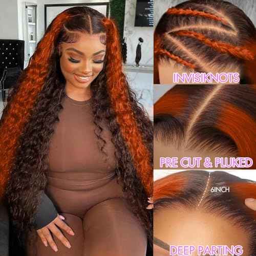 Ginger Orange Glueless Wigs Human Hair Ombre Pre Plucked Pre Cut 9x6 Deep Wave Lace Front Wigs Human Hair 9x6 Ginger Colored Deep Curly HD Lace Frontal Wig Brazilian Hair 20inch 180% Denstiy