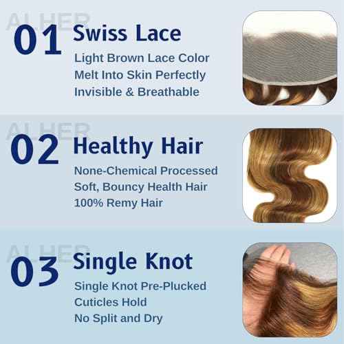 ALHER #F4/27 Honey Blonde Highlight 13x4 Lace Frontal Closure Human Hair Body Wave, Balayage Ombre Colored Ear to Ear 13 x 4 HD Transparent Lace Frontal Baby Hair£¨150% Density, 14 Inch)