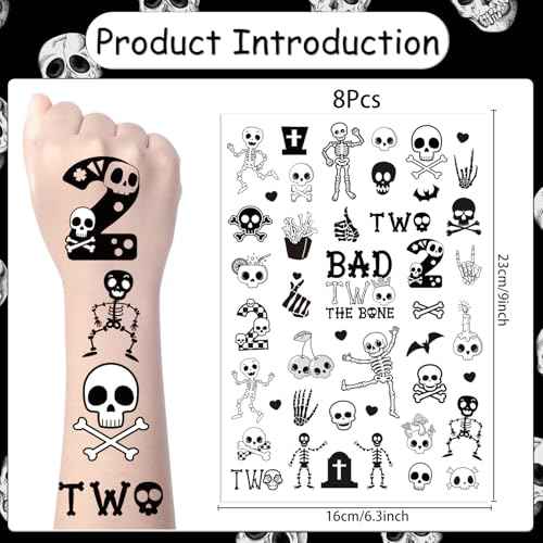 Bad Two the Bone Temporary Tattoos - Yoyuspy 200+ Bad Two the Bone Party Decorations Favors Supplies for Kids 2nd Birthday Decorations Cute Black White Skeleton Skull Tattoo Stickers Rewards