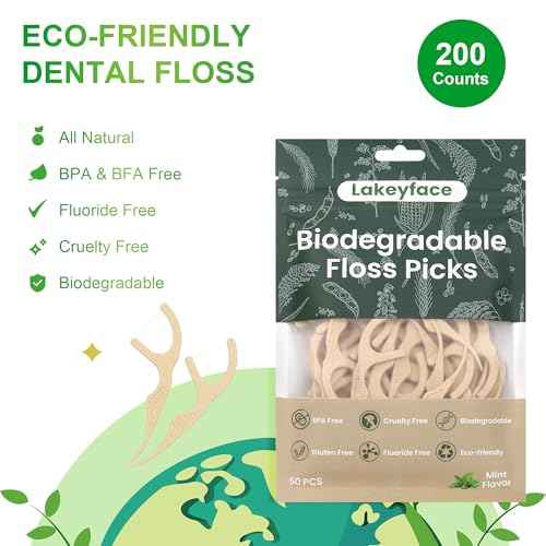 200 Count Biodegradable Dental Floss Picks, Eco Friendly Plant-Based Tooth Flossers for adults, Tear-Resistant Floss Sticks with Wide Handles, Vegan & BPA Free Dental Floss for Natural Oral Care, Mint