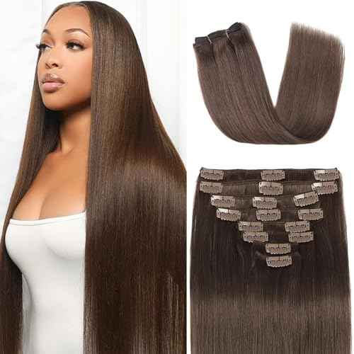 Clip in Hair Extensions Real Human Hair 3.6oz/100g Clip ins 100% Brazilian Remy Human Hair Extension for Women 8pcs Per Set with 18 Clips Double Weft (18 Inch #4 Chocolate Brown)