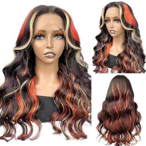 Black Ginger Blonde Highlight Wig Human Hair Lace Front Skunk Stripe Wig 13x4 Glueless Ginger Body Wave Lace Frontal Wigs Pre Plucked For Women 22 Inch 150% Density