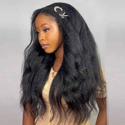 OQ Hair Kinky Straight Half Wig Human Hair Adjustable Drawstring 180% Density 3 In 1 Beginner Friendly Glueless Wear and Go Half Human Hair Wig for Women 16 Inch