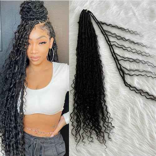Boho Locs Crochet Braids Pre Looped With Human Hair Extensions Curly Ends Deep Wave Goddess Soft Locs Box Knotless Braids Hair Synthetic Dreadlocks Braiding for Women CHARMING YOU 22 Inch 24Strands
