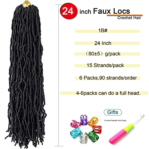 Ahrencan Faux Locs Crochet Hair,6 Packs 24 Inch Soft Locs Crochet Hair,Pre Looped Goddess Faix Locs Crochet Hair For Black Women,Pretwisted Wavy Synthetic Dreadlock Crochet Braids (24in,1B#)