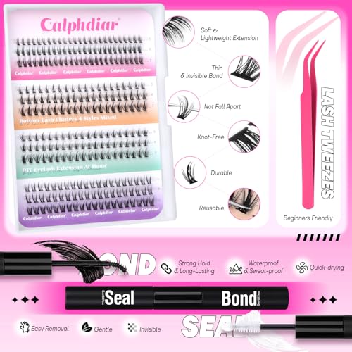 calphdiar Bottom Lash Clusters Kit DIY Eyelash Extensions 4 Styles Bottom Lashes Extension Kit Wispy Lower Eyelash Clusters Kit 5-7mm Natural Individual Lashes 225Pcs for Bottom Lash Extension