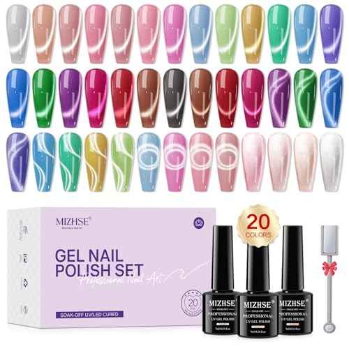 MIZHSE Cat Eye Gel Nail Polish 20 Colors, Ceramic Magnetic Gel Polish Set with Magnet Stick, Trendy Colors Cateye Effect Soak Off Nail Art Salon Home DIY Gift for Women