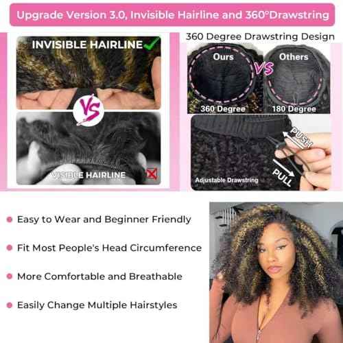 250% Density Curly Half Wig Human Hair Ombre Kinky Curly Wear Go Glueless Wigs Human Hair Balayage Highlight 3 In 1 Half Wig With Adjustable String Flip Over Beginner Friendly Invisible Hairline