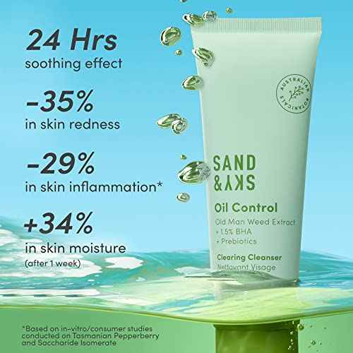 Sand & Sky Oil Control Gentle Face Cleanser with AHA & BHA - pH-Balanced Blemish Cleanser, Reduces Redness, For Oily Skin & Breakouts, 4.2 fl oz