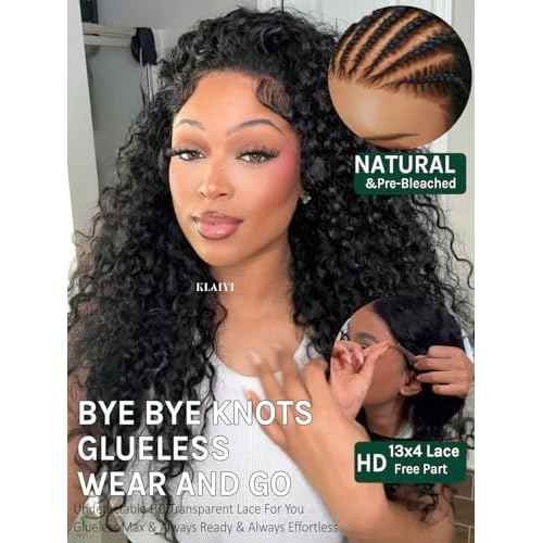 KLAIYI Water Wave Pre Everything Glueless 13x4 Lace Front Wigs Human Hair Precut Lace Pre Plucked Pre Bleached Bye Bye Knots Curly Wear and Go Beginners Wig with Drawstring 30S Ready to Wear 16Inch