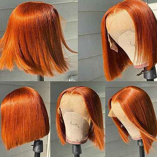 Ginger Orange Short Straight Bob Wig 13x4x1 Lace Front Wigs for Women Orange Ginger Human Hair 14 Inch 150% Density Brazilian Virgin Bob Wigs Human Hair Lace Closure Wigs Pre Plucked with Baby Hair