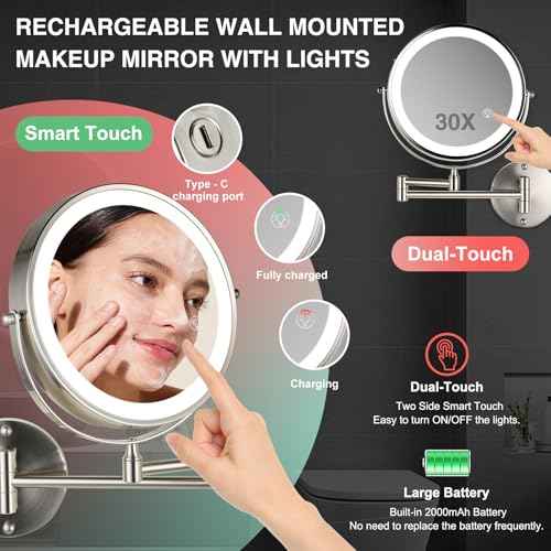 30X/1X Wall Mounted Makeup Mirror with Light: 8.5 Inch Double-Sided, 3 Color Modes, USB-C Rechargeable, 360¡Æ Swivel, Brushed Nickel