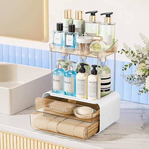 Delamu Bathroom Counter Organizer 2-Drawers 2-Tier Acrylic Makeup Organizer for Vanity Countertop, Skincare Perfume Storage, Easy Assembly, Ideal for Women, Bath Linen Sets, Amber