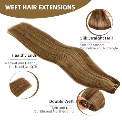 Sew in Hair Extensions Real Human Hair, 110g 16 inch Medium Brown Highlight Honey Blonde Weft Hair Extensions Remy Straight Weave Bundles