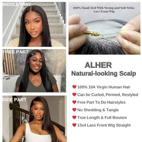 ALHER Small Cap Lace Front Wigs Human Hair Pre Plucked Straight, 13X4 Transparent Lace Frontal Wigs With Baby Hair 150% Density for Black Women, 12A Small Cap Size 21-21.5 Natural Black Wig 18 Inch