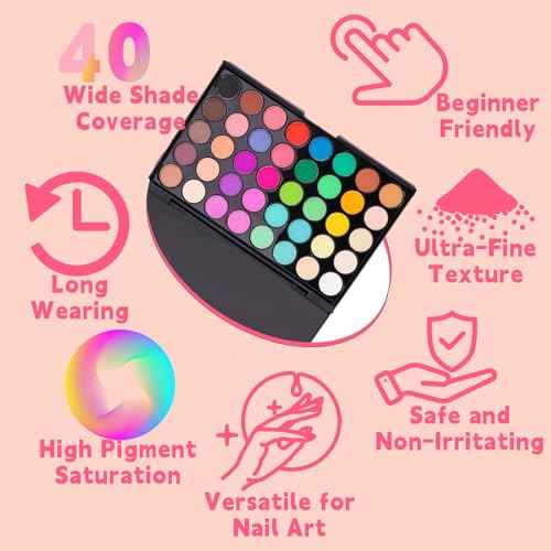 Pigment Powder for Nails 40 Colors Set, Colorful Nail Pigment Powder Palette with Iridescent Shades for Ombre & Bold Manicure, Home Salon DIY Nail Art Supplies