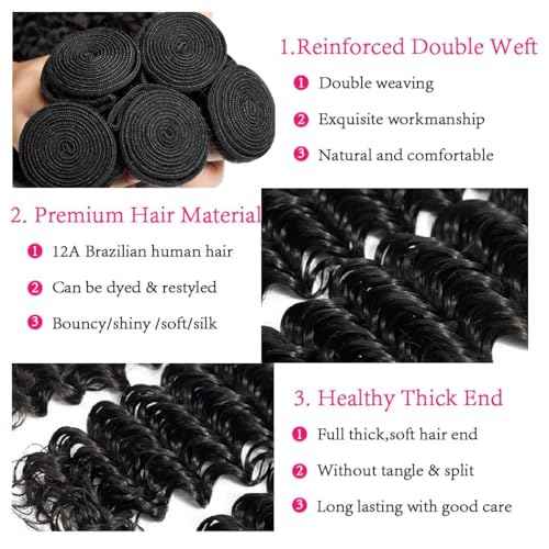 Human Hair Bundles Deep Wave 4 Bundles (16 18 20 22 inches) 12A Grade Brazilian Virgin 100% Unprocessed Human Hair Deep Wavy Bundles Natural Black Wet Hair Extensions