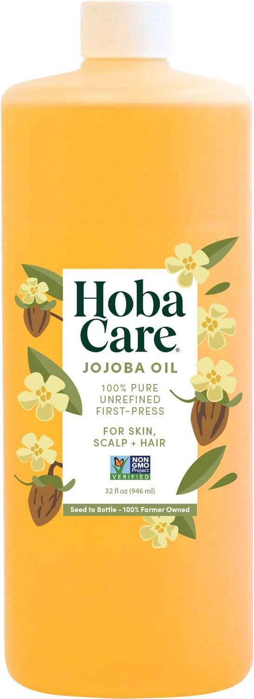 HobaCare Unrefined Jojoba Oil for Skin Care, Hair, Beard Conditioning, Scalp Massage - 100% Pure Carrier Oil for Perfume or Soap Making - Natural, Vegan, Hexane Free, Long Shelf Life (32 oz)