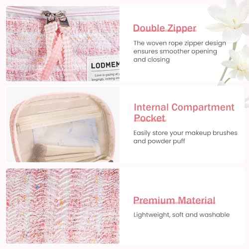 Makeup Bag 3 PCS Quilted Cosmetic Bags for Women, Large Travel Make up Bag Set Cute Cotton Toiletry Bag Organizer Pouch for Purse, Pink