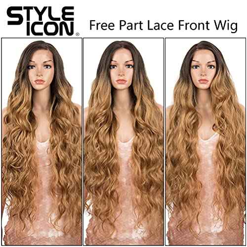 Style Icon Easy-360 Lace Wigs 36" Big Curl Free Part Lace Frontal Wigs Super Long Multi-Layered Synthetic Wig (36 Inches, TT6/26Q)