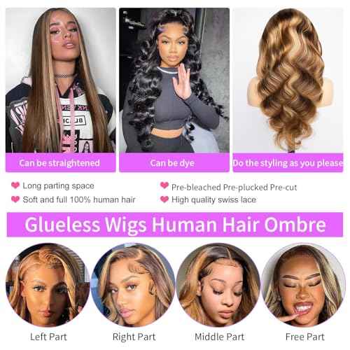 #4/27 Ombre Highlight Lace Front Wigs Human Hair Pre Cut 5X5 Glueless Honey Blonde Body Wave Wigs for Women Pre Plucked with Baby Hair Lace Closure wig 200% Density£¨22inch£©