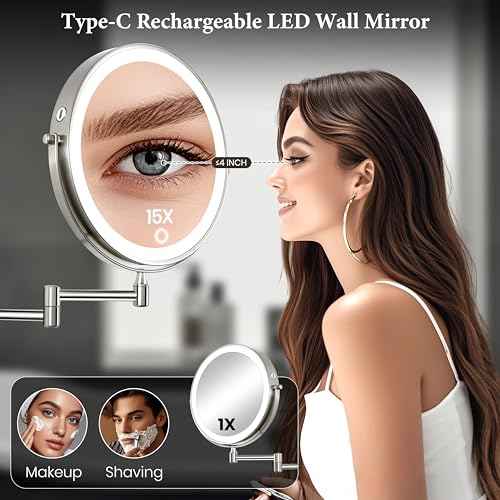 9" Large 15X Rechargeable Wall Mounted Lighted Makeup Mirror Nickel, 5000mAh HD Magnifying Mirror with 3 Color Bright Lights Touch Screen Dimmable, 17" Extendable 360¡Æ Swivel Bathroom Vanity Mirror