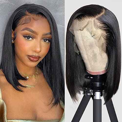 Caijuxing Bob Wig Human Hair 13x4 Straight Hd Lace Front Wigs with Baby Hair 180% Density Glueless Wigs Human Hair Pre Plucked Short Bob Wigs for Women (14 Inch)