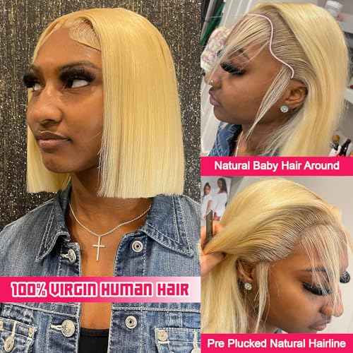 Honey Blonde Bob Wig Human Hair Full 13x6 HD Lace Frontal Glueless Wigs Pre Cut Pre Plucked 100% Unprocessed Brazilian Virgin Human Hair Wigs for Black Women - 180% Density 12 Inch 613 Bob Wig