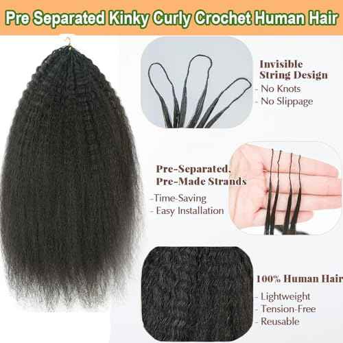 Feather Crochet Hair Kinky Straight Human Hair For Black Women Pre-Separated Knotless Invisble Micro Loop Hair Extensions Crochet Human Hair For Braiding 16inch 120g