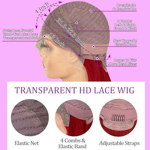 PANDA ANGEL Burgundy Lace Front Wigs Human Hair Straight Dark Red Colored 26 Inch 13x4 HD Lace Frontal Wigs for Women Human Hair Pre Plucked Red Burgundy Glueless Human Hair Wigs with Baby Hair