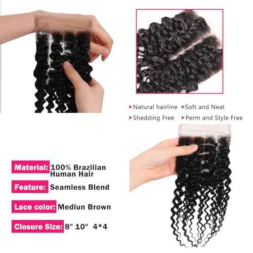 12A Brazilian Virgin Kinky Curly Human Hair Bundles 3 Pcs 14 Inch Bundle with 4x4 Lace Closure 100% Unprocessed Brazilian Vrigin Human Hair Curly Extensions for Black Women Natural Color