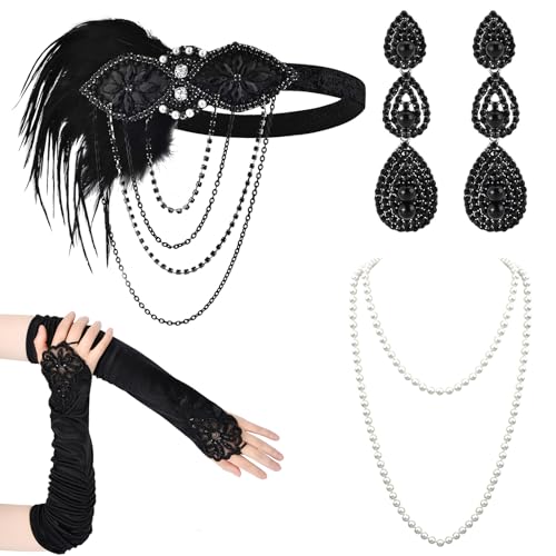 Women 1920s Flapper Set with Headband Beaded Necklaces Earrings Gloves for Vintage Wedding Costume Accessories