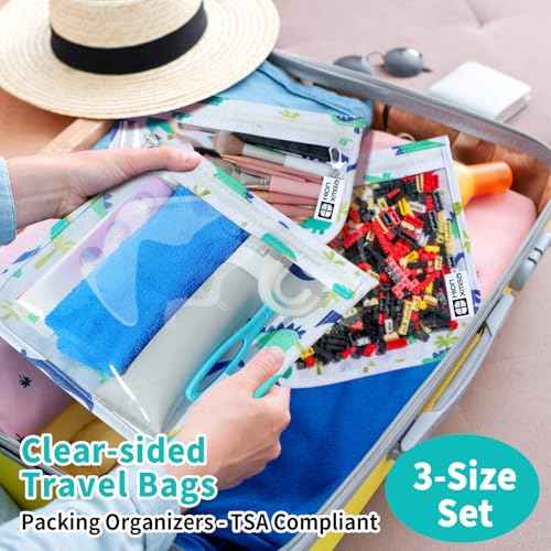 TSA Approved Toiletry Bag, Set of 3 Clear Travel Toiletry Bag Quart Size Zipper Travel Pouch, Waterproof Makeup Cosmetic Bag for Women Men Kids Toiletries Carry on, Dinosaur White