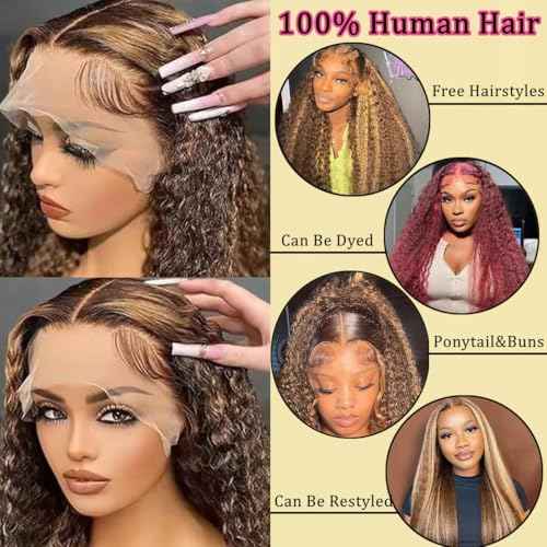 Honey Blonde Highlight Ombre Lace Front Wig Human Hair 200 Density 13x6 Water Wave Lace Front Wigs Human Hair Pre Plucked Wet And Wavy Curly Lace Frontal Wig for Women 4/27 Colored 24 Inch