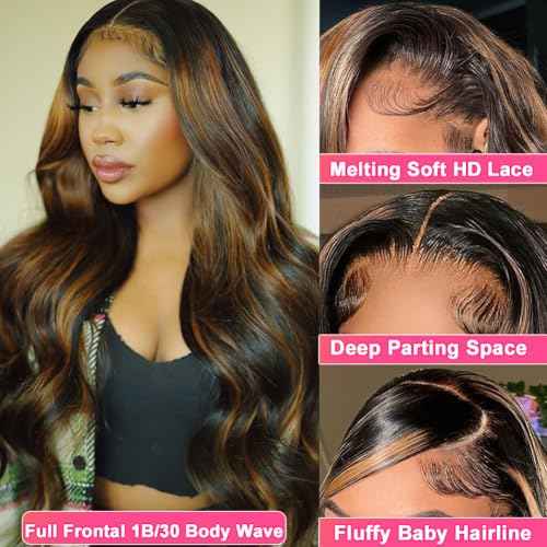 Ombre Highlight Lace Front Wigs Human Hair 13x6 Body Wave 1B/30 Lace Front Wig 180% Density HD Transparent Lace Frontal Wigs Human Hair Balayage Wig for Black Women 22 inch