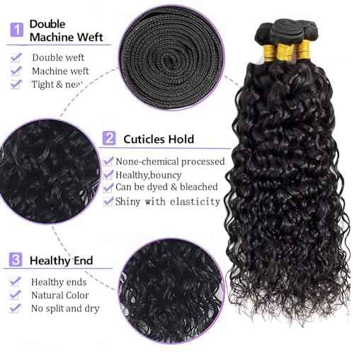 Water wave bundles 12A 100% Unprocessed Deep human hair bundles with Hair Extensions Natur weave Curly human hair natural blcak color for women (Natural Black, Water 20 22 24 inch 100g/bundle)