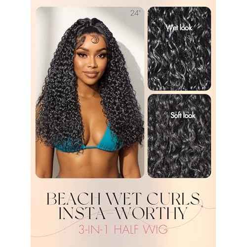 LUVME HAIR Half Wig Human Hair Water Wave Flexi-Fit Invisi Flip Drawstring Wig 200% Density Glueless Wigs 100% Human Hair Natural Black Ready to Go Headband Wig for Women