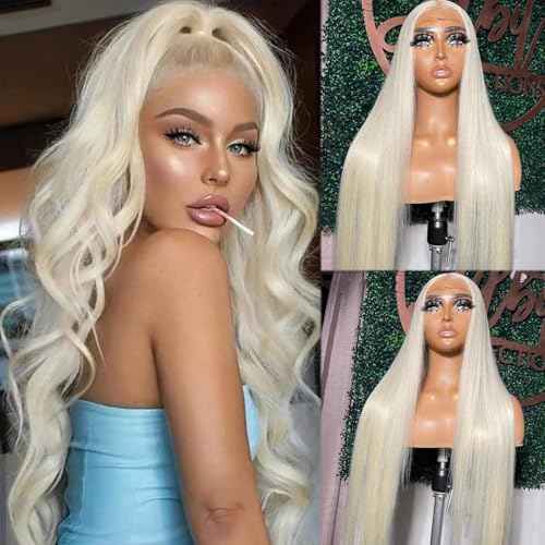 Platinum Blonde Lace Front Wig Human Hair 13x6 HD Transparent Lace Frontal White Blonde Pre Plucked Natural Hairline for Black Women 180% Density Straight Wear and Go Glueless Wigs Human Hair 22 Inch