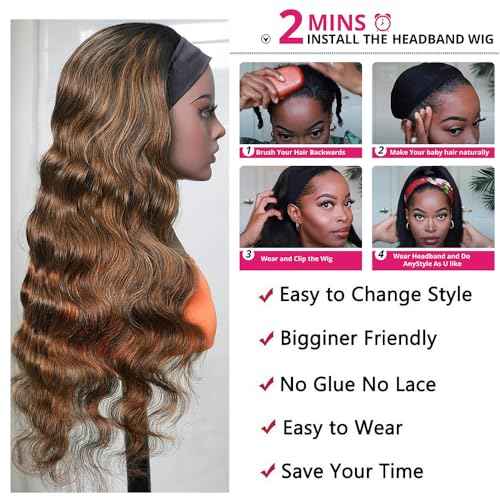 Body Wave Headband Wig Human Hair Highlight Ombre 22 Inch Glueless None Lace Front Wigs Brazilian Virgin Hair #4/27 Honey Blonde Headband Wigs for Black Women 150% Density