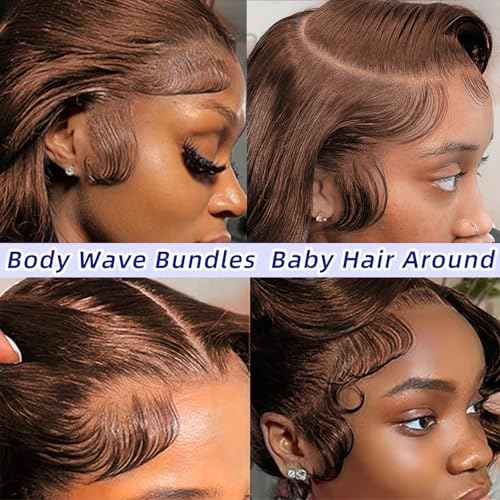 Brown Human Hair Bundles 12A Body Wave Bundles Human Hair 16 18 20 20 Inch 4 Bundles Deal with Baby Hair Unprocessed 100% Indian Sew In Color 4 Bundles Deals with Edges Stripes