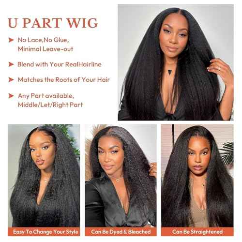 Selina U Part Wigs Human Hair Kinky Straight Wig Yaki Straight Human Hair Wig For Women 100% Real Human Hair Glueless Wigs Natural Black 28 Inch