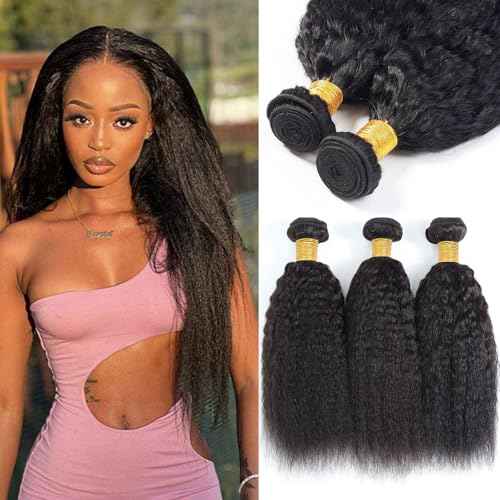 Kinky Straight Bundles 100% Human Hair Bundles Yaki Straight Bundles Human Hair 3 Bundles 16 18 20 Inch Raw Virgin Human Hair Weave Weft Bundles Natural Black Color