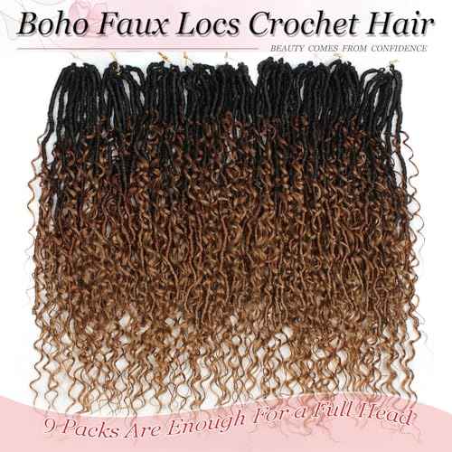 Boho Faux Locs Crochet Hair 9 Packs Long Goddess locs 24 Inch Boho Soft Locs With Curly Ends Pre Looped Bohemian River Loc Crochet Hair For Women (24 inch,1B/30/27)