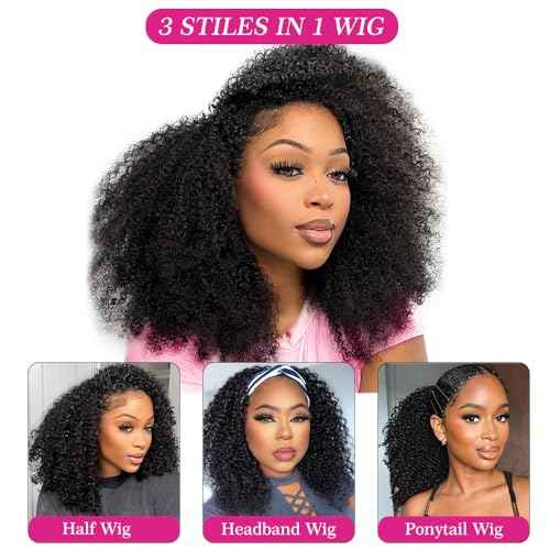 Afro Kinky Curly Human Hair Half Wigs for Black Women Wear & Go Glueless Wigs Human Hair Seamless Kinky Curly Flip Over Drawstring Clip in Half Wig No Sew In 200% Density Natural Color 22 Inch