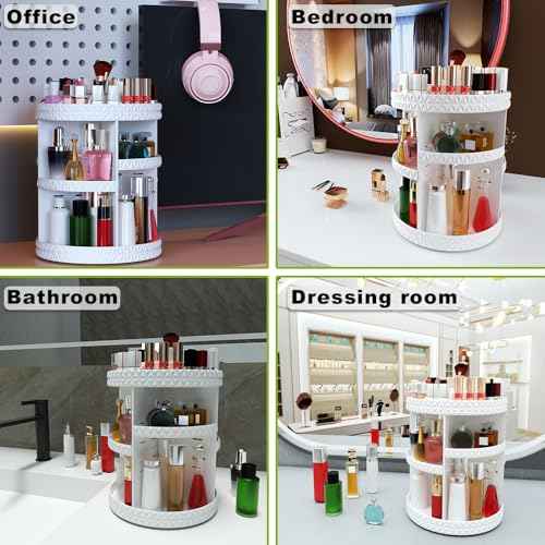 360 Rotating Makeup Organizer, DIY Adjustable Makeup Carousel Spinning Holder Storage Rack, Large Capacity Vanity Organizer Skincare Organizers (White)