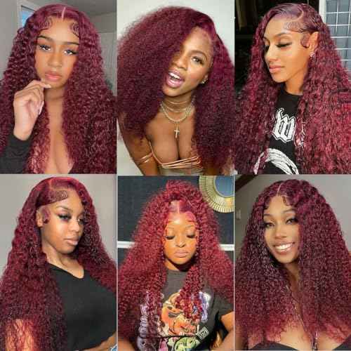 99J Burgundy Deep Wave Lace Front Wigs Human Hair 13x4 HD Lace Frontal Wigs Human Hair Lace Front Wigs Pre Plucked 99j Burgundy Deep Curly Wigs Human Hair Wigs For Women 180% Density 24 Inch